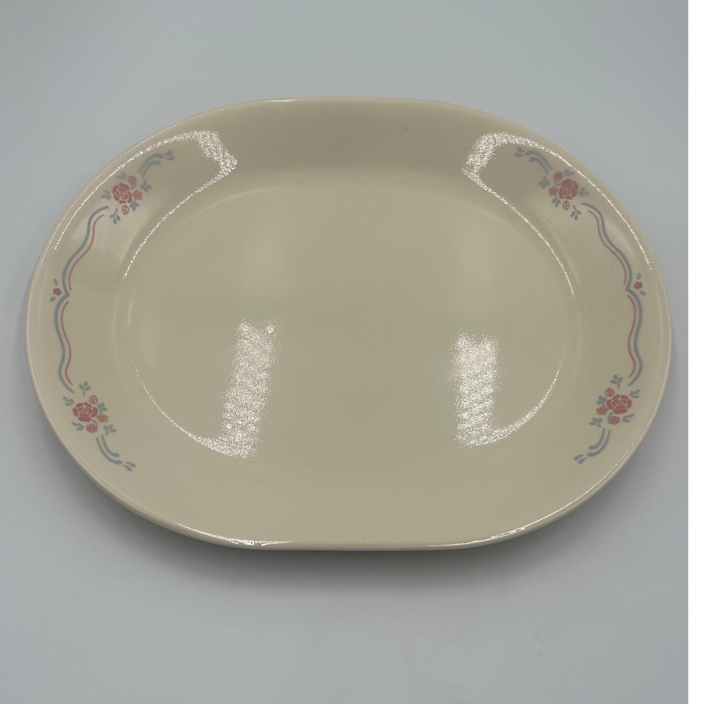 Corelle English Breakfast Oval Platter Pink Rose Blue Ribbon Serving Dish USA